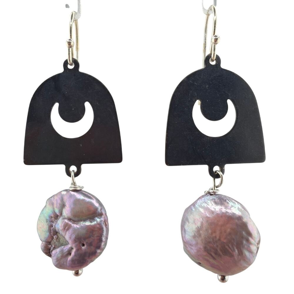 Artisan Handcrafted Freshwater Pearl Moon Bell Dangle Earrings